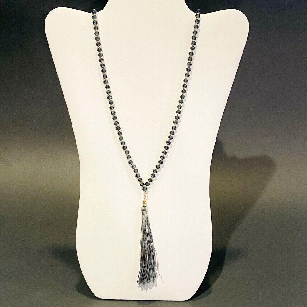 Faceted Bead Necklace Tassel Womens Blue Grey Gold Tone 19.5 In Long Fashion